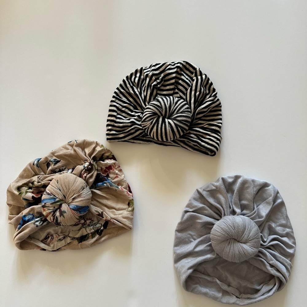 Set of 3 baby Turban stripe black white, Floral, and silver Gray